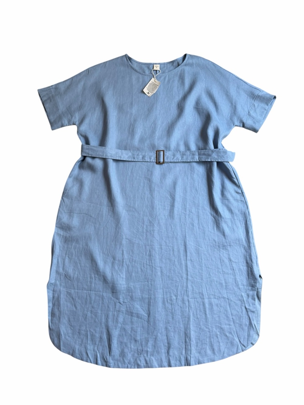 Lintico Light Blue Linen Short Sleeve Belted Midi Dress
